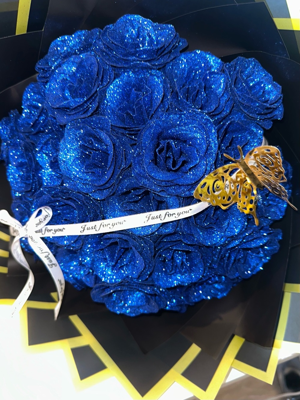 Source Unknown Glittery Blue Rose Bouquet with Gold Butterfly Accent
